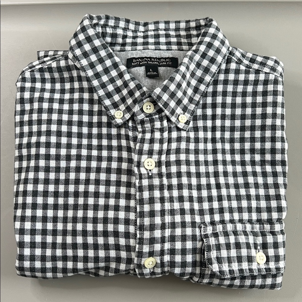 Banana Republic Soft Wash Tailored Slim Fit Plaid Button Down Black/White Size L